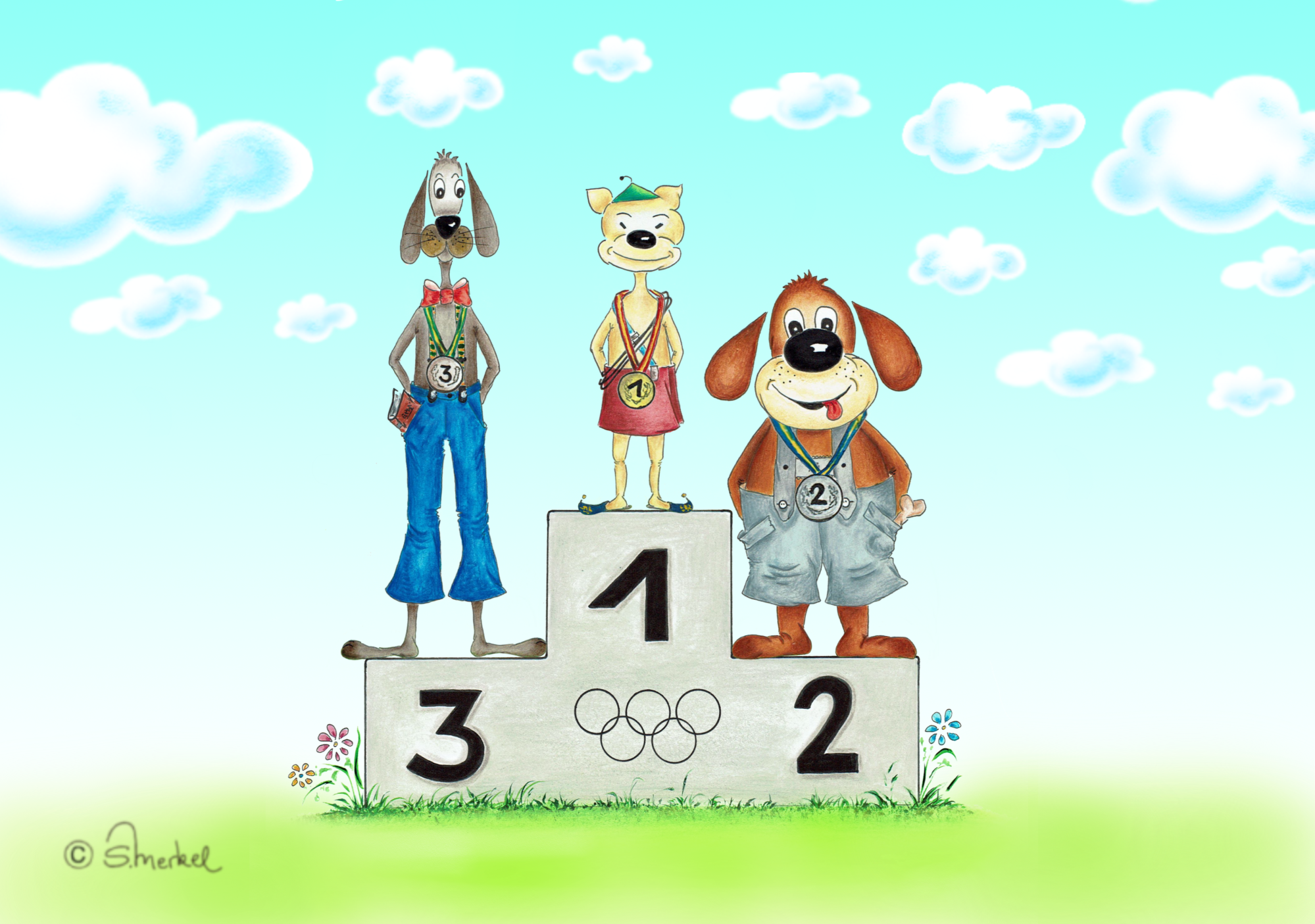 3 Hunde Olympiade Ausmalbild farb