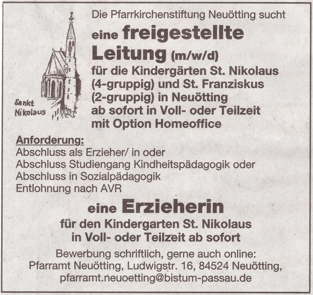Stellenanzeige freigestellt Leitung KIGA